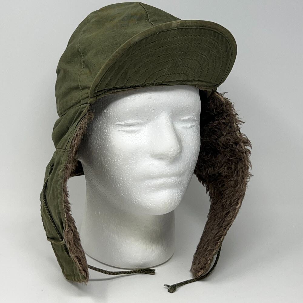 Vintage 1950s US Army M-1951 Field Pile Cap Hat Korean War Olive Green Ear Flaps
